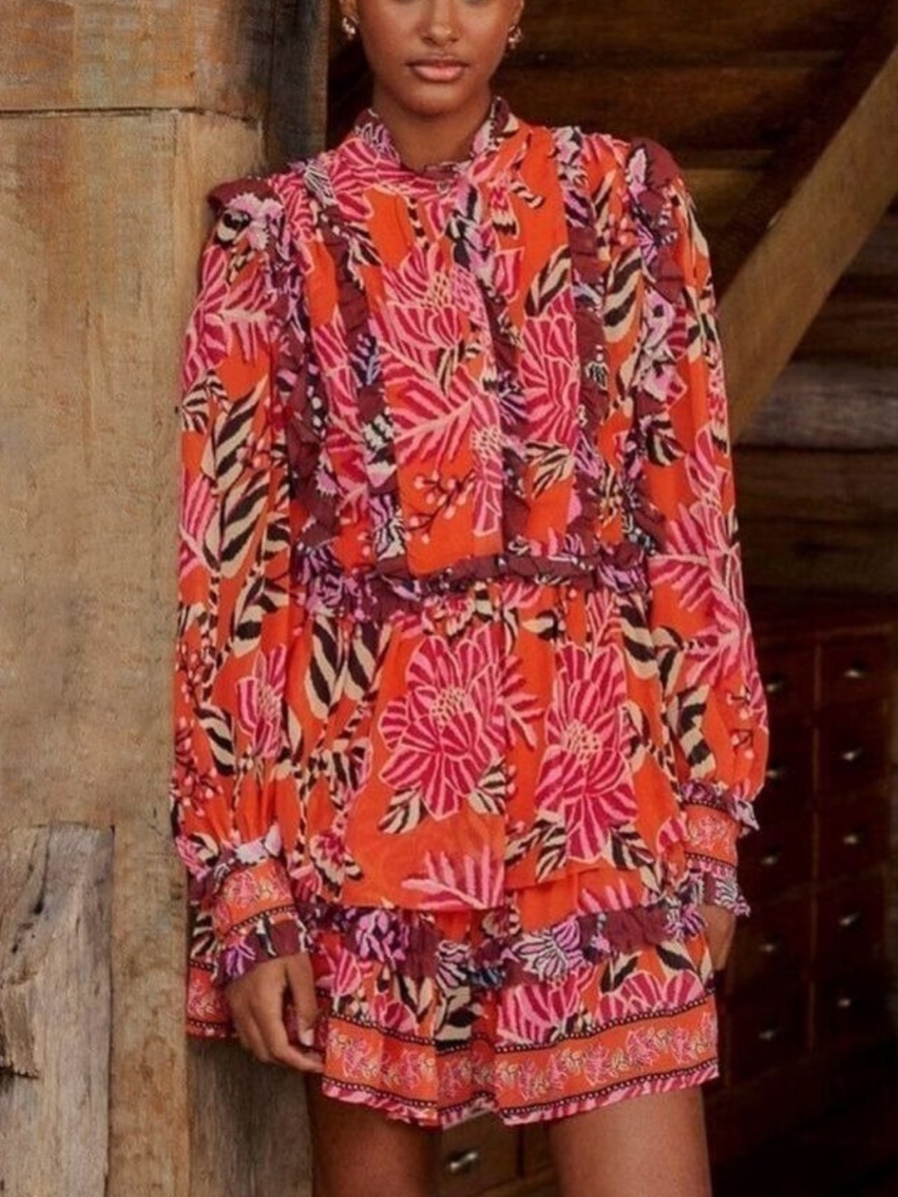 FARM Rio Pink & Orange Floral Ruffle Mini Dress